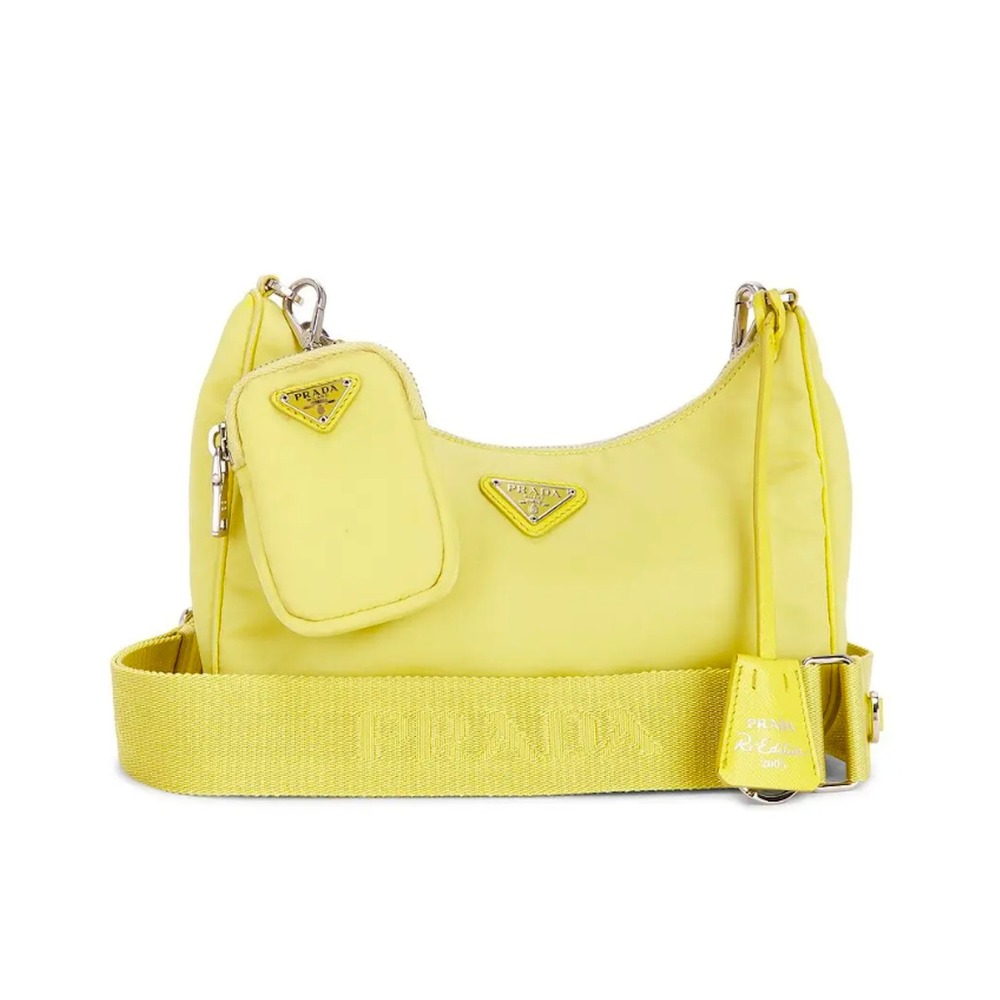 Prada Re‑Edition 2005 Yellow Tessuto Nylon Shoulder Bag Saffiano Trim & Pouch